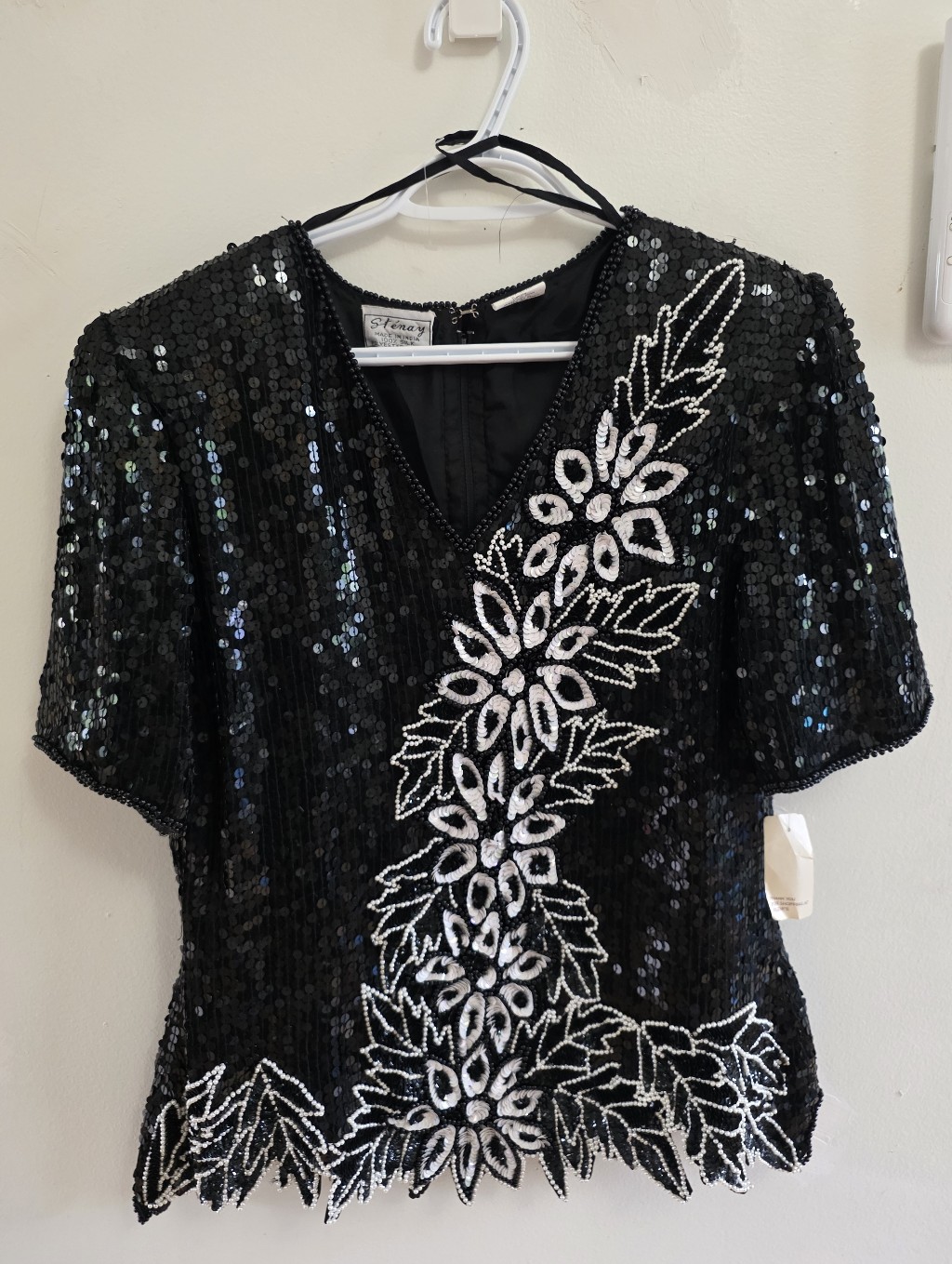 Vintage Stnay Silk Sequin Beaded Top Size L Black Floral Cocktail Party Nwt